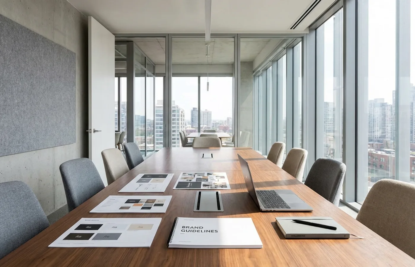 A polished modern corporate boardroom with brand identity prints and guidelines laid out on the conference table under daylight
