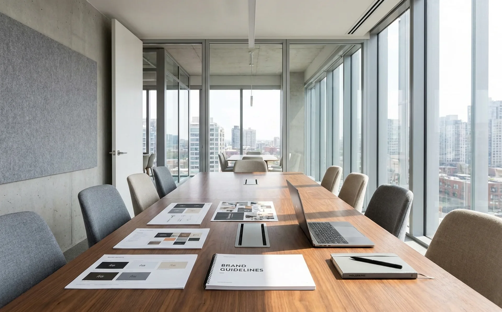 A polished modern corporate boardroom with brand identity prints and guidelines laid out on the conference table under daylight
