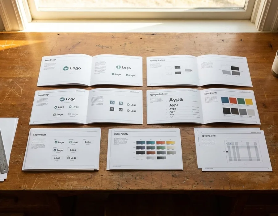 An overhead view of a designer's desk showing printed pages of logo usage, typography scales, color systems and spacing grids arranged on a wooden surface