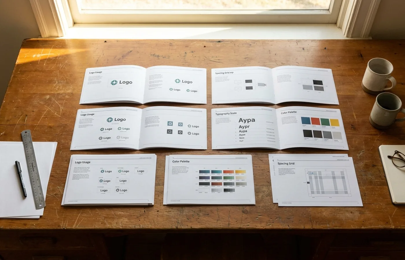 An overhead view of a designer's desk showing printed pages of logo usage, typography scales, color systems and spacing grids arranged on a wooden surface