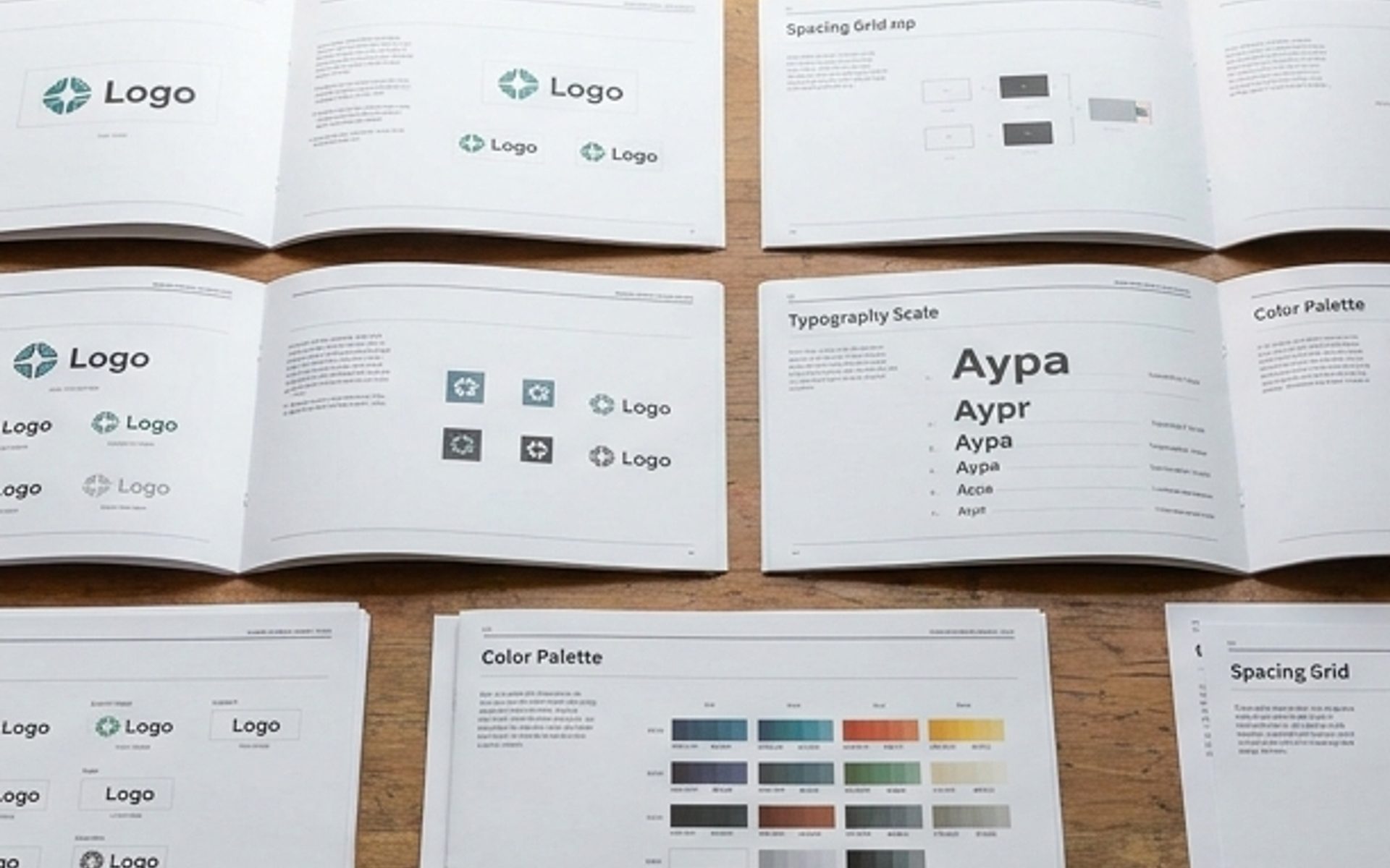 An overhead view of a designer's desk showing printed pages of logo usage, typography scales, color systems and spacing grids arranged on a wooden surface