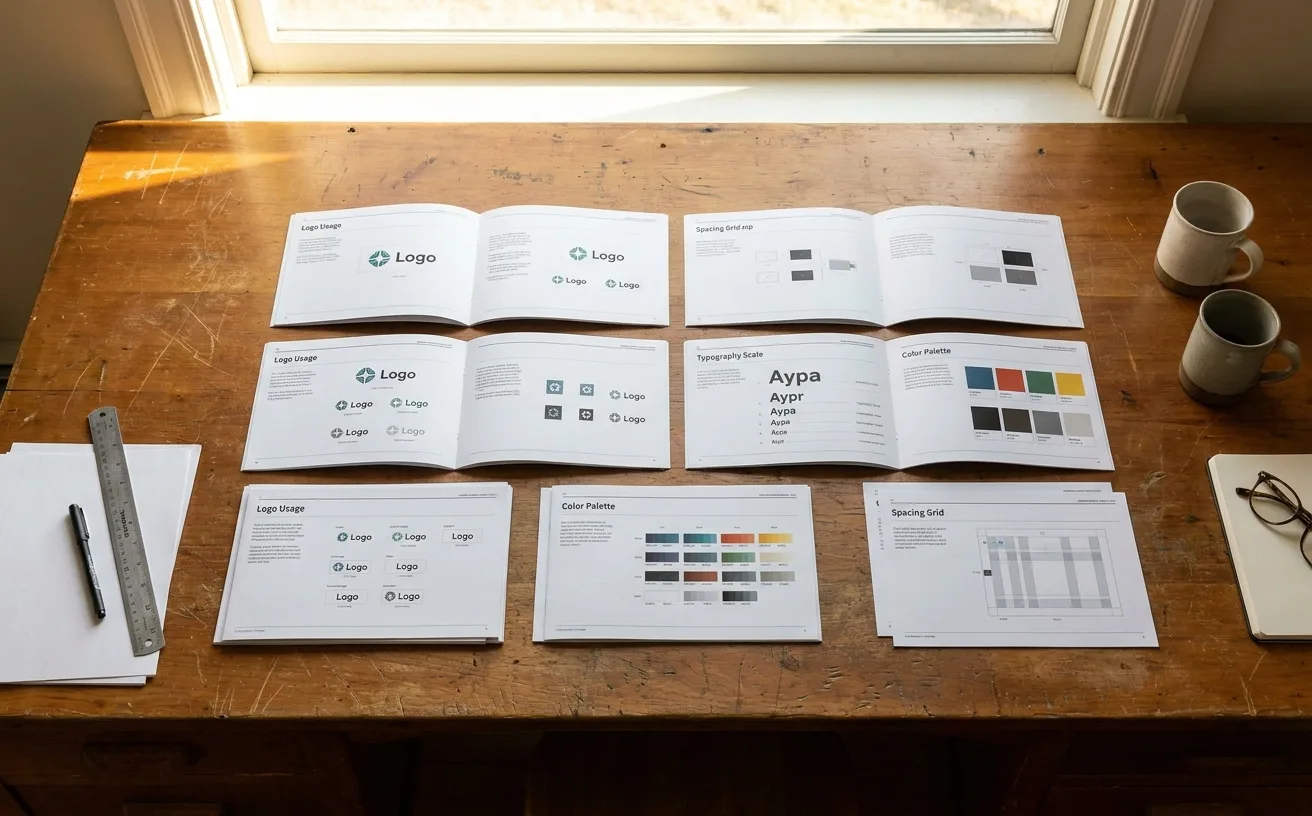 An overhead view of a designer's desk showing printed pages of logo usage, typography scales, color systems and spacing grids arranged on a wooden surface
