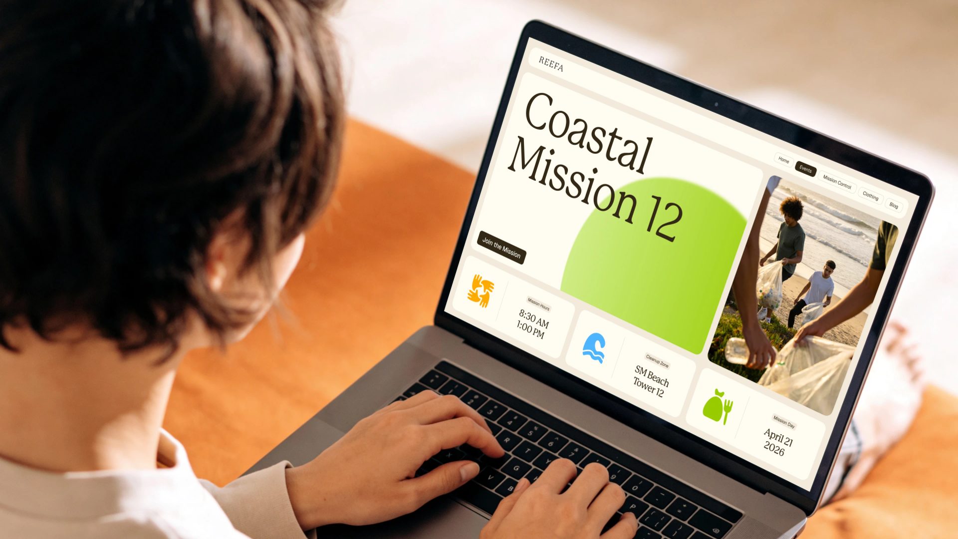 Laptop screen displays the REEFA website for “Coastal Mission 12” with green graphics and a beach cleanup photo.