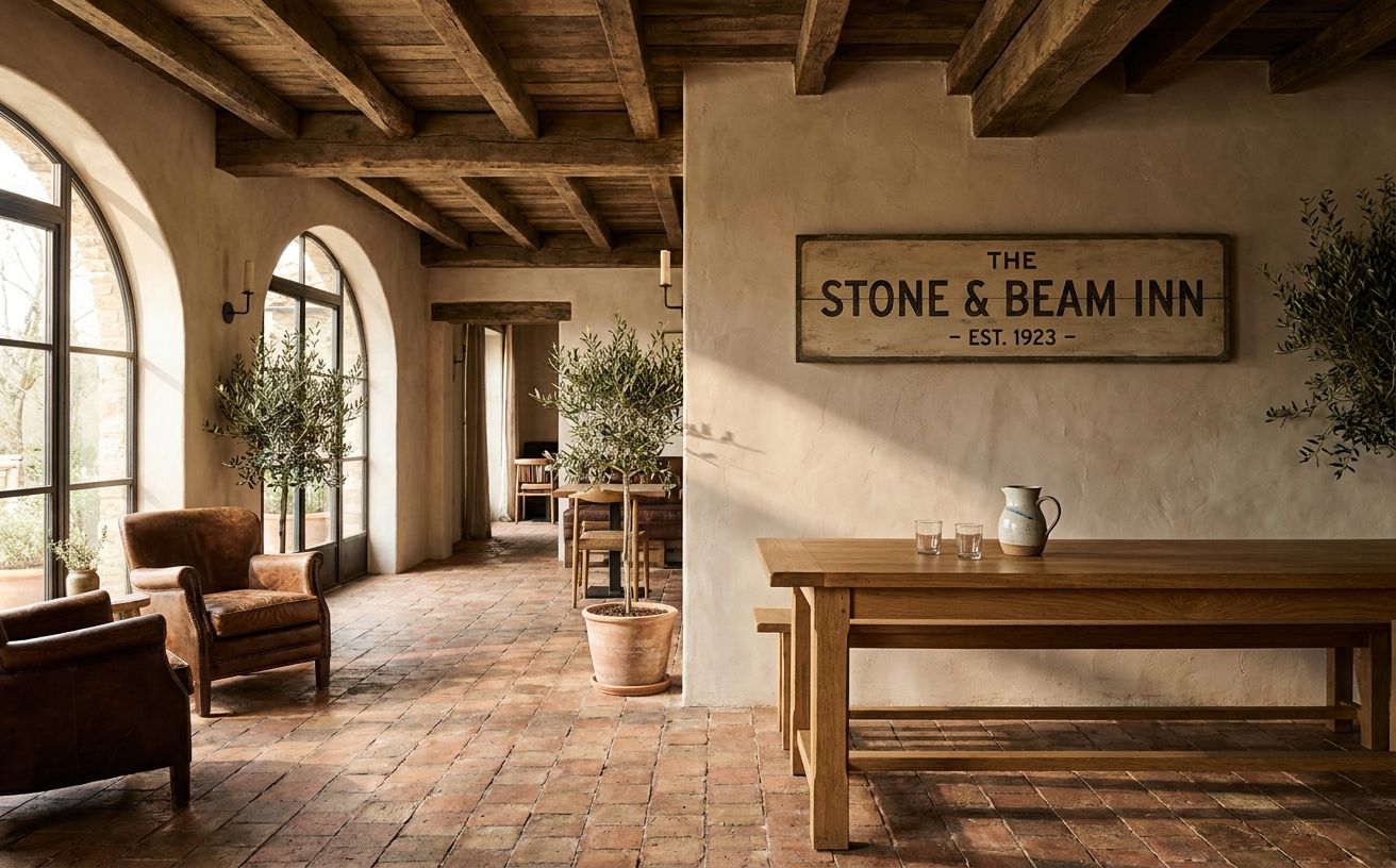 Rustic restaurant interior with exposed wood beams, terracotta floor, and hand-lettered signage lit by afternoon light through arched windows