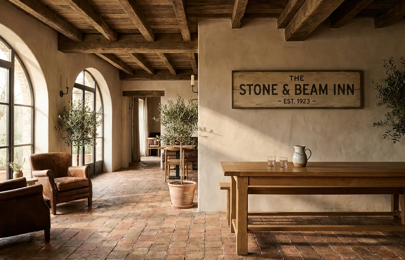 Rustic restaurant interior with exposed wood beams, terracotta floor, and hand-lettered signage lit by afternoon light through arched windows