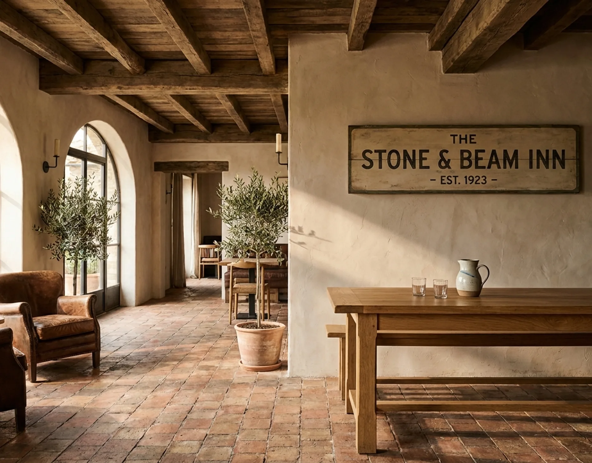 Rustic restaurant interior with exposed wood beams, terracotta floor, and hand-lettered signage lit by afternoon light through arched windows