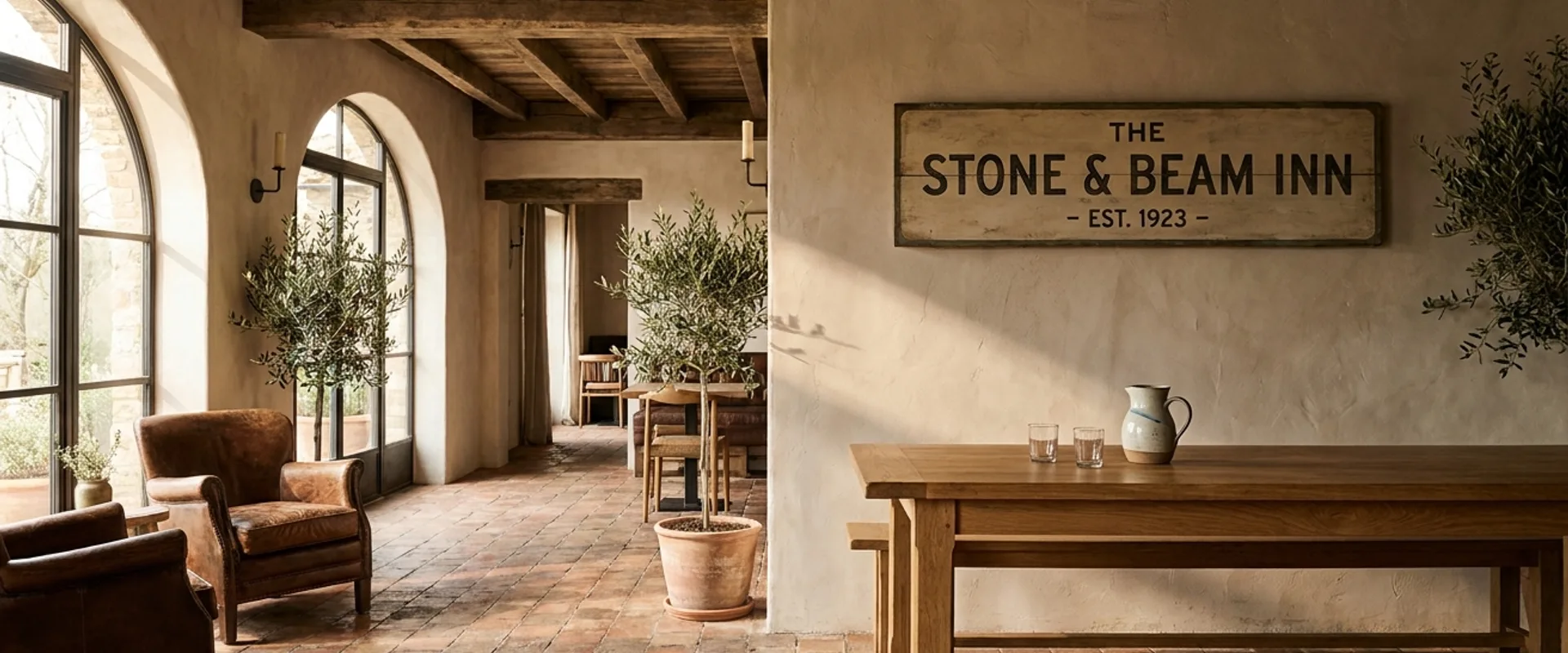 Rustic restaurant interior with exposed wood beams, terracotta floor, and hand-lettered signage lit by afternoon light through arched windows