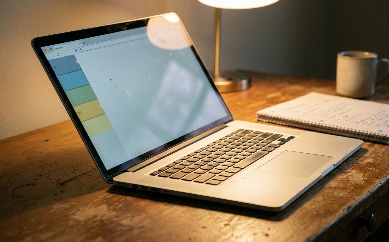 A modern laptop displaying Arc Browser's sidebar UI with color-coded tabs, shot at oblique angle with warm desk-lamp light and a notebook and ceramic mug in soft focus