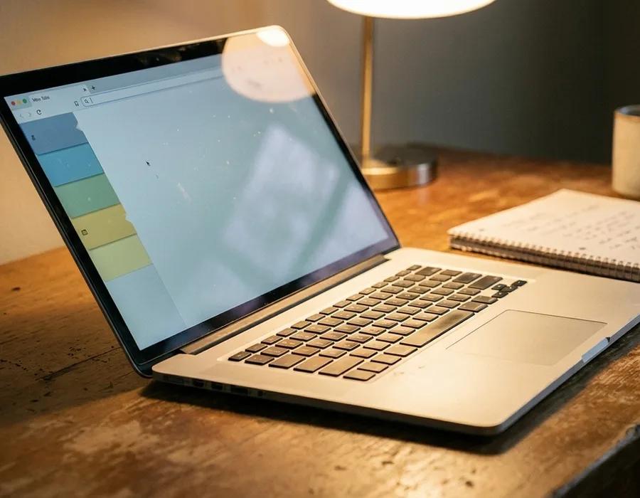 A modern laptop displaying Arc Browser's sidebar UI with color-coded tabs, shot at oblique angle with warm desk-lamp light and a notebook and ceramic mug in soft focus