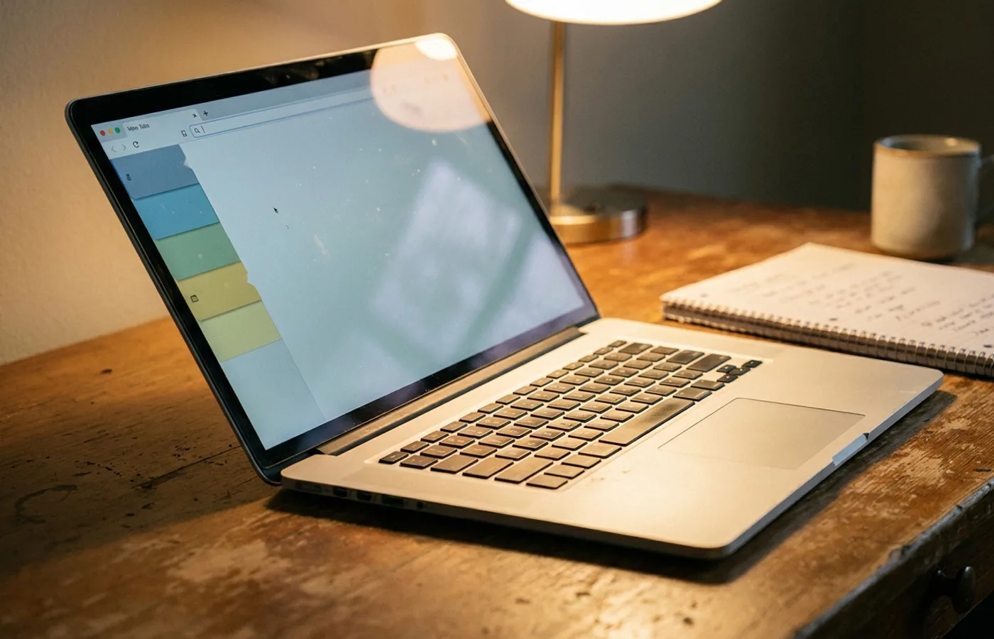 A modern laptop displaying Arc Browser's sidebar UI with color-coded tabs, shot at oblique angle with warm desk-lamp light and a notebook and ceramic mug in soft focus