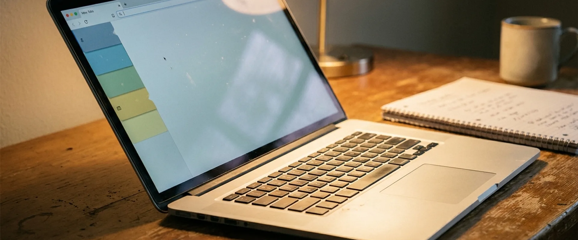 A modern laptop displaying Arc Browser's sidebar UI with color-coded tabs, shot at oblique angle with warm desk-lamp light and a notebook and ceramic mug in soft focus