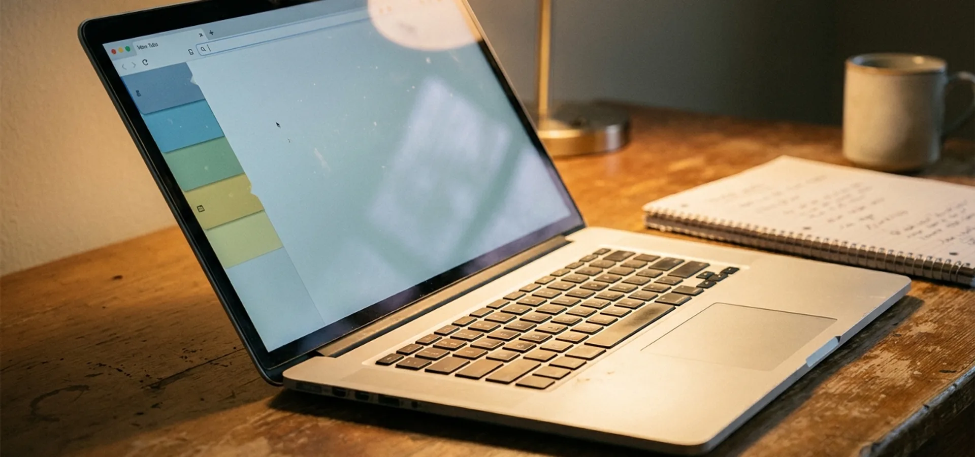 A modern laptop displaying Arc Browser's sidebar UI with color-coded tabs, shot at oblique angle with warm desk-lamp light and a notebook and ceramic mug in soft focus
