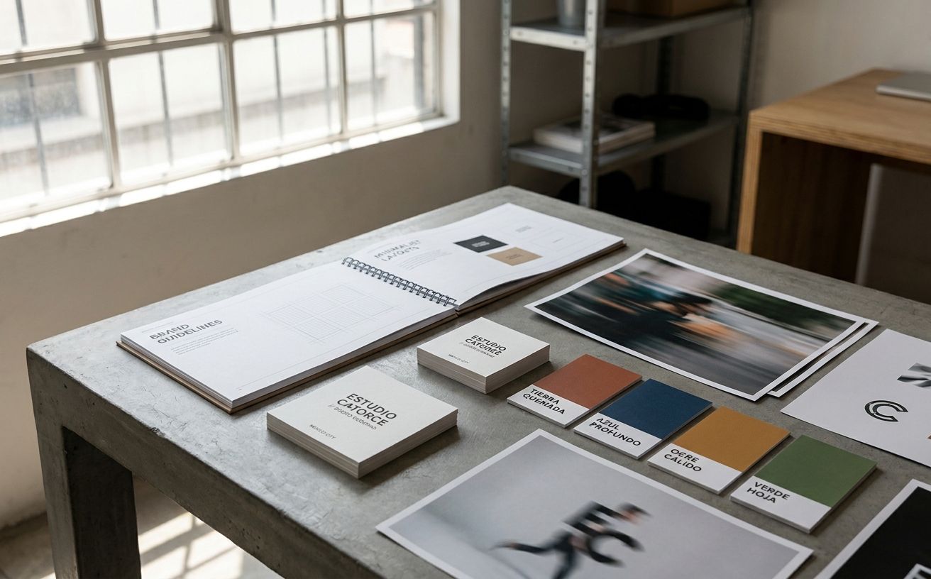 Printed brand guidelines, business cards, and color swatches from a Mexico City design studio's self-rebrand, arranged on a concrete surface