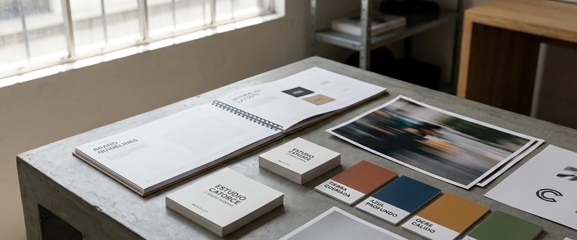 Printed brand guidelines, business cards, and color swatches from a Mexico City design studio's self-rebrand, arranged on a concrete surface