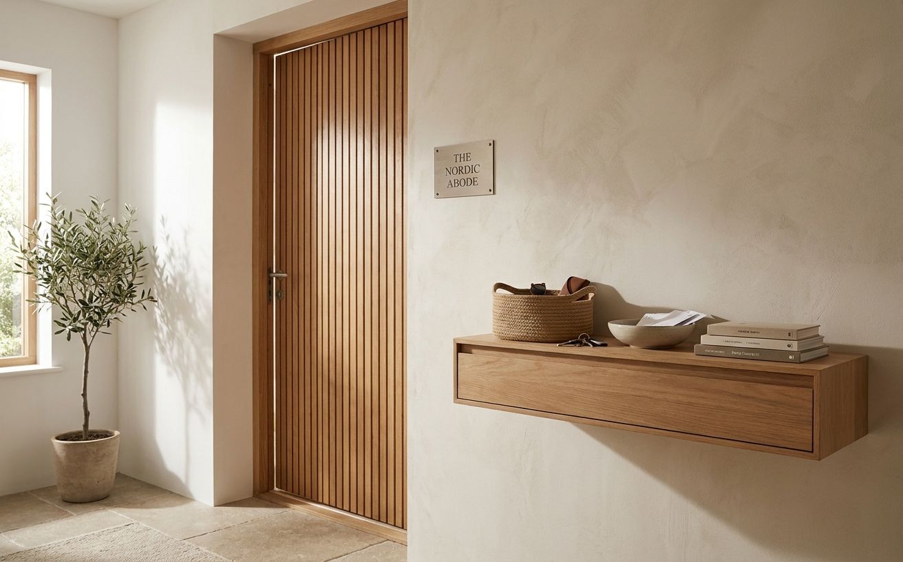 A welcoming modern home entryway with a wooden door slightly ajar, a small brand welcome plaque, and a woven basket with keys in warm daylight