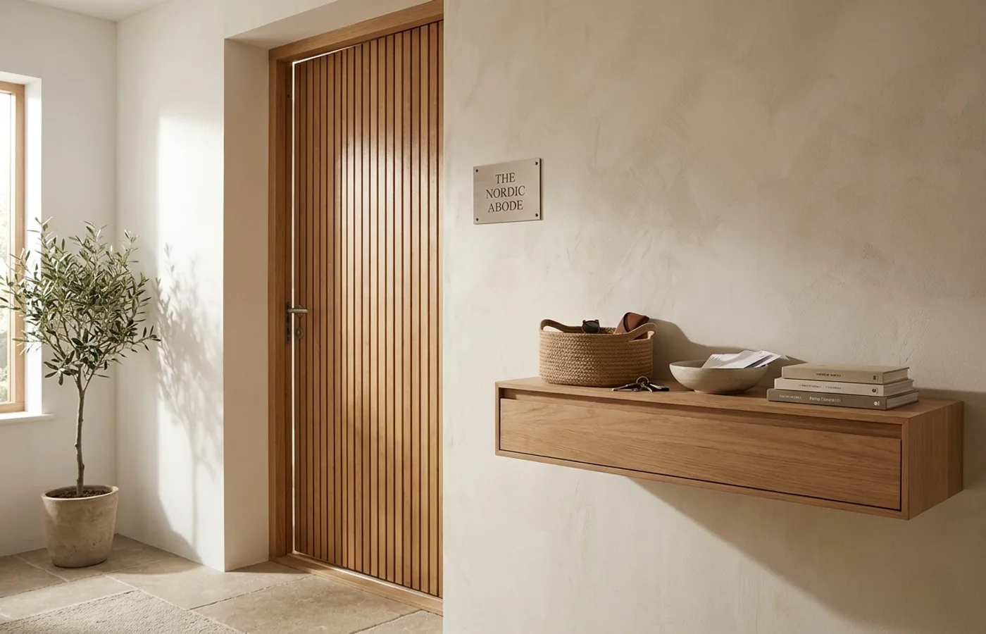 A welcoming modern home entryway with a wooden door slightly ajar, a small brand welcome plaque, and a woven basket with keys in warm daylight