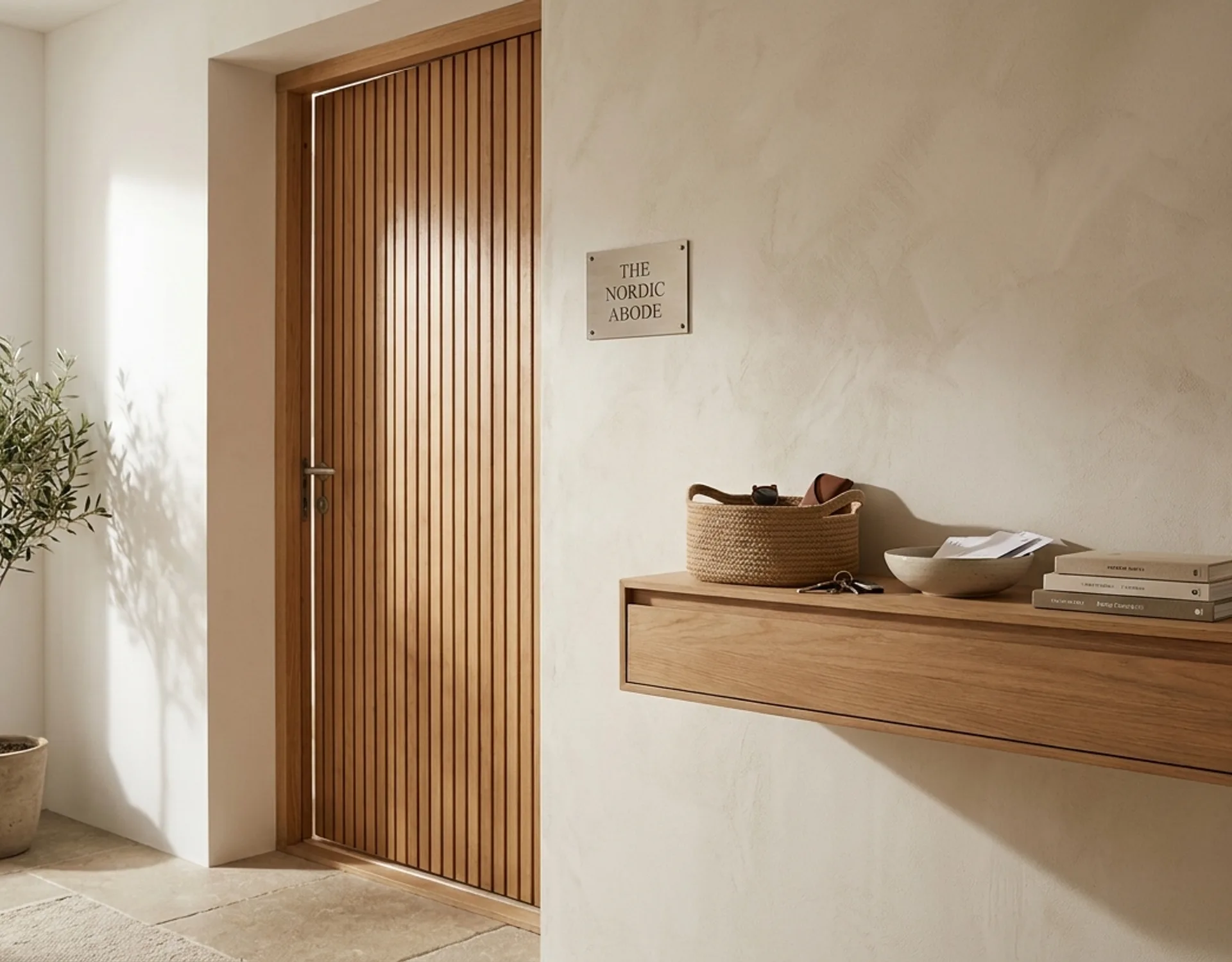 A welcoming modern home entryway with a wooden door slightly ajar, a small brand welcome plaque, and a woven basket with keys in warm daylight