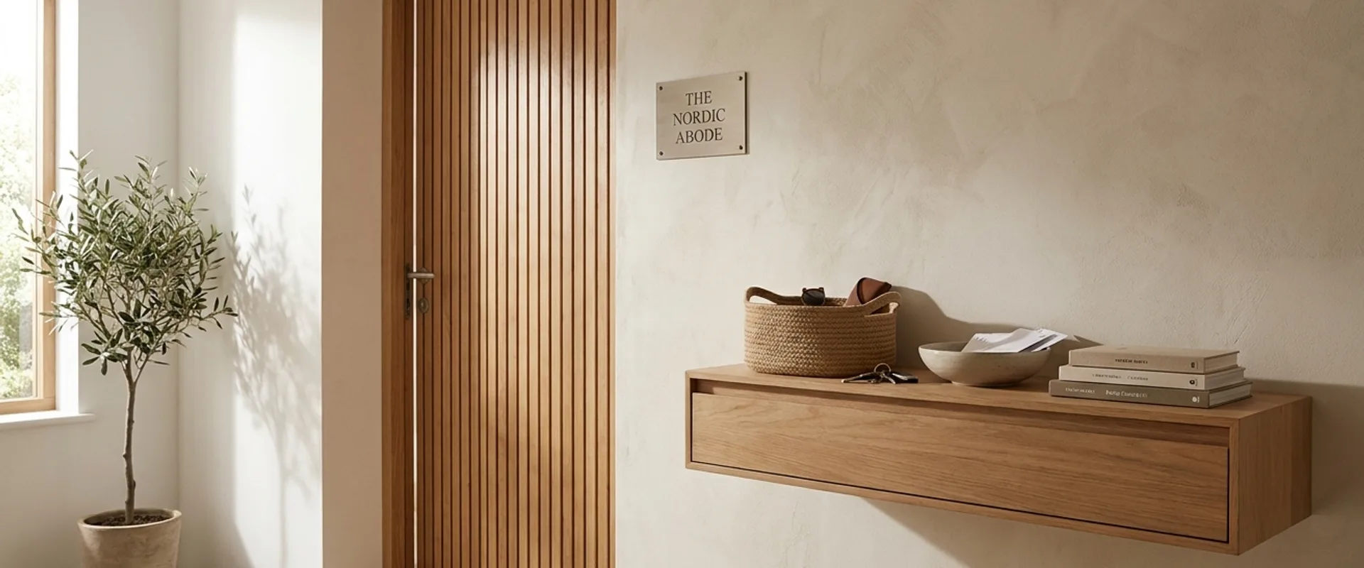 A welcoming modern home entryway with a wooden door slightly ajar, a small brand welcome plaque, and a woven basket with keys in warm daylight
