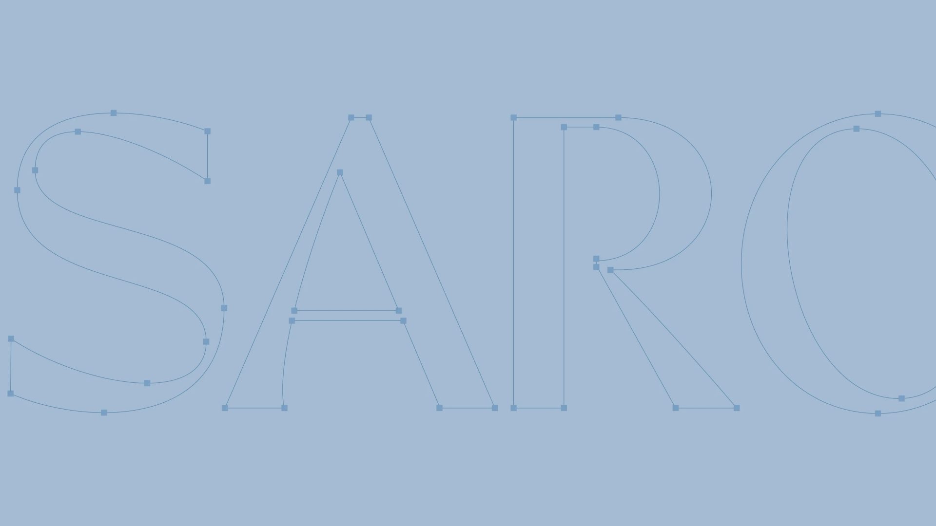 Outlined “SARO” letterforms with visible vector anchor points span a pale blue screen.