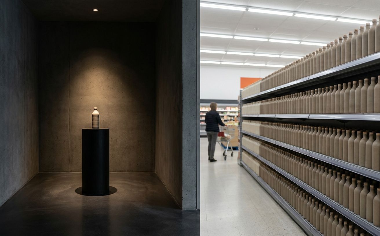 A split composition — left shows an exclusive boutique pedestal under focused light; right shows mass-retail shelves under flat fluorescent light