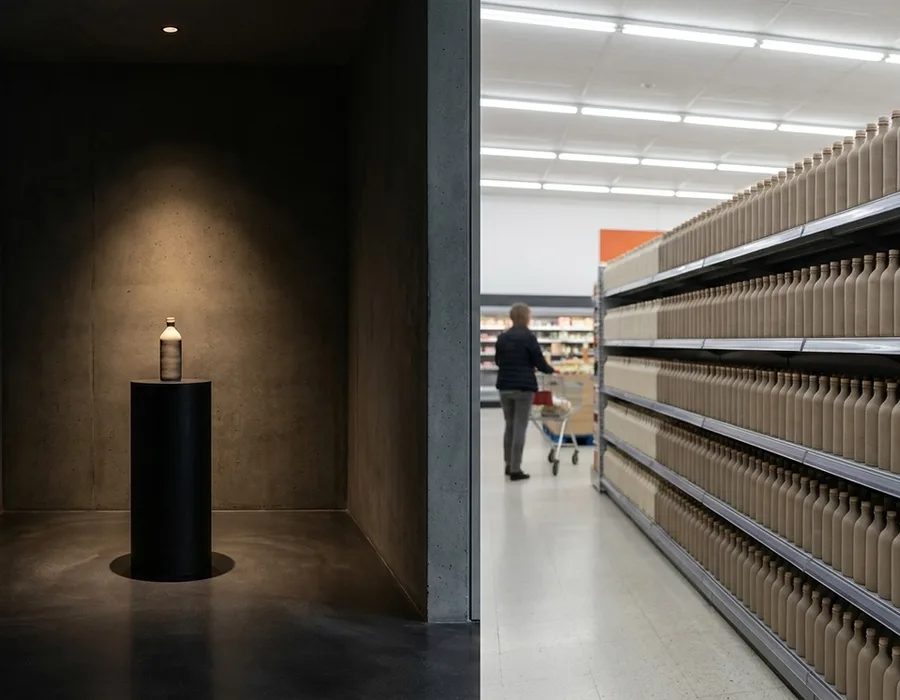 A split composition — left shows an exclusive boutique pedestal under focused light; right shows mass-retail shelves under flat fluorescent light