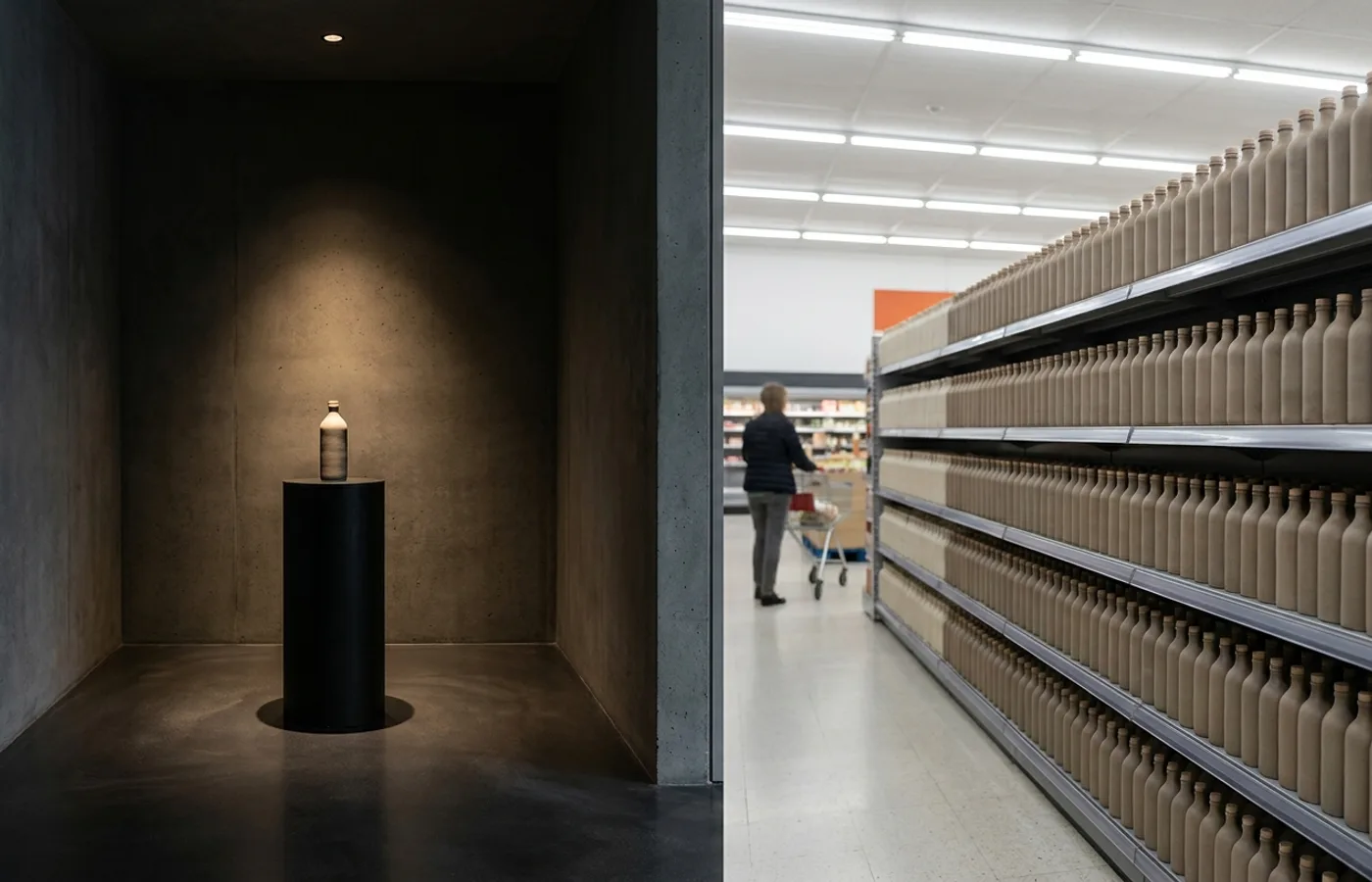 A split composition — left shows an exclusive boutique pedestal under focused light; right shows mass-retail shelves under flat fluorescent light