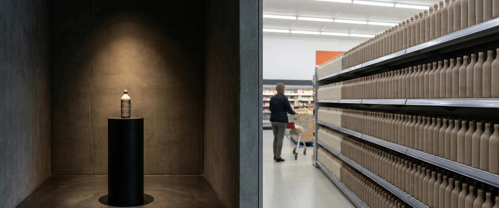 A split composition — left shows an exclusive boutique pedestal under focused light; right shows mass-retail shelves under flat fluorescent light