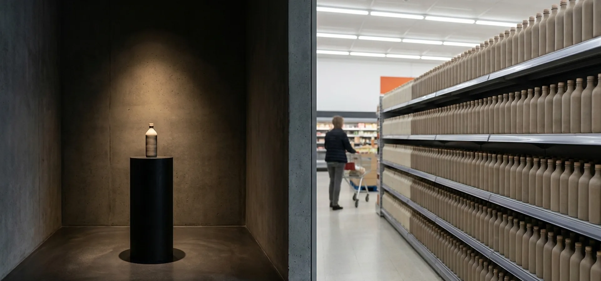 A split composition — left shows an exclusive boutique pedestal under focused light; right shows mass-retail shelves under flat fluorescent light