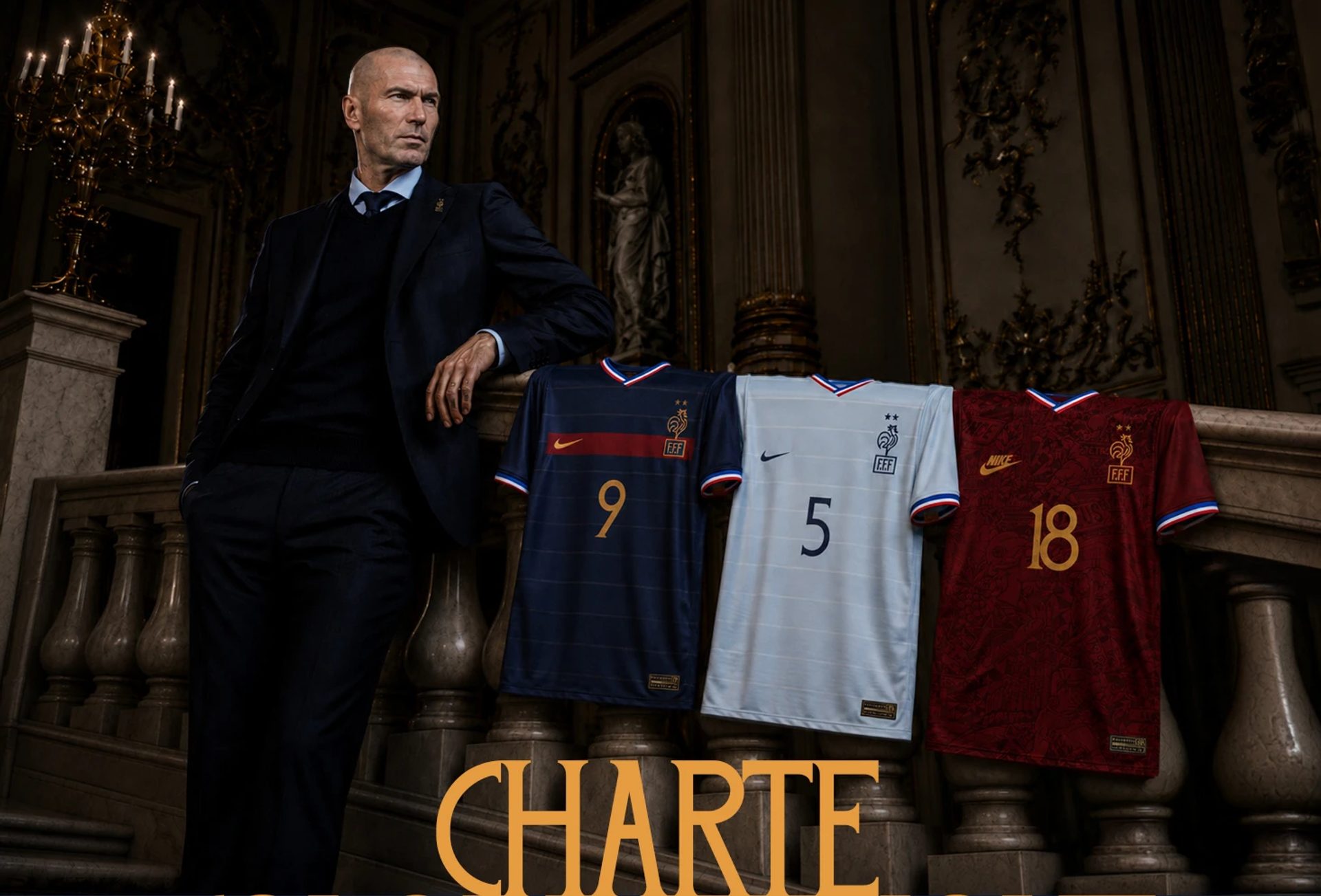 Poster showing a suited man beside blue, white and red FFF football shirts numbered 9, 5 and 18, with gold “CHARTE” text.