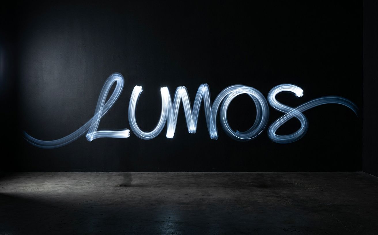 A light-painted brand wordmark captured in long exposure against a matte black backdrop, visible motion trails leaving a gradient arc