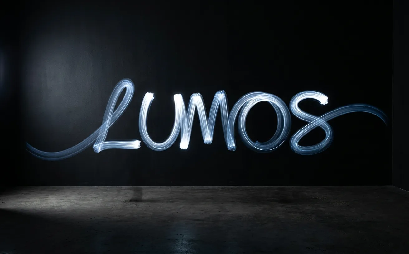A light-painted brand wordmark captured in long exposure against a matte black backdrop, visible motion trails leaving a gradient arc
