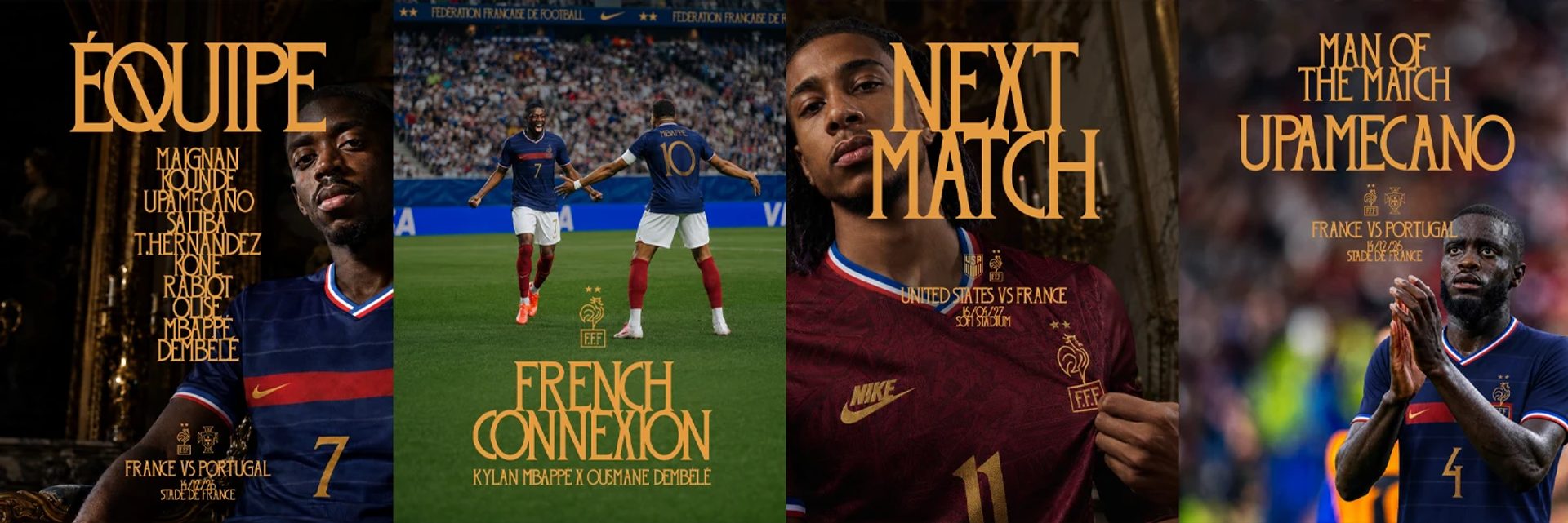 Four football posters in navy, red and gold feature France players and the headlines “ÉQUIPE”, “FRENCH CONNEXION” and “NEXT MATCH”.