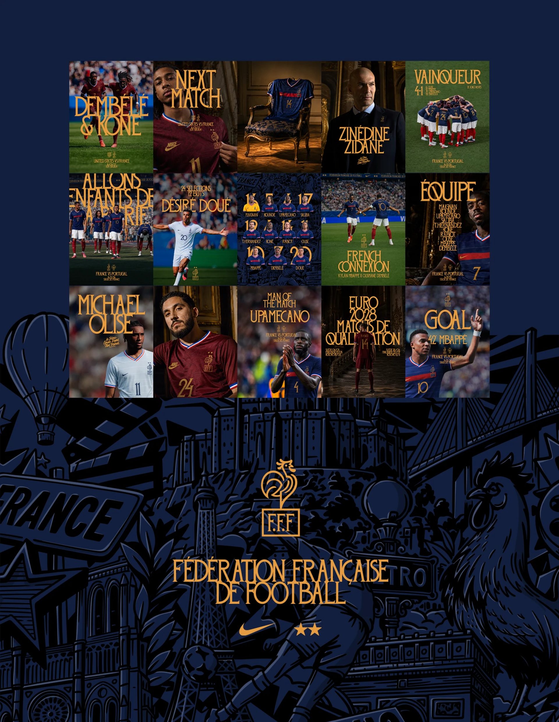 Grid of France football posters above a navy illustration, with gold FFF and FÉDÉRATION FRANÇAISE DE FOOTBALL branding.