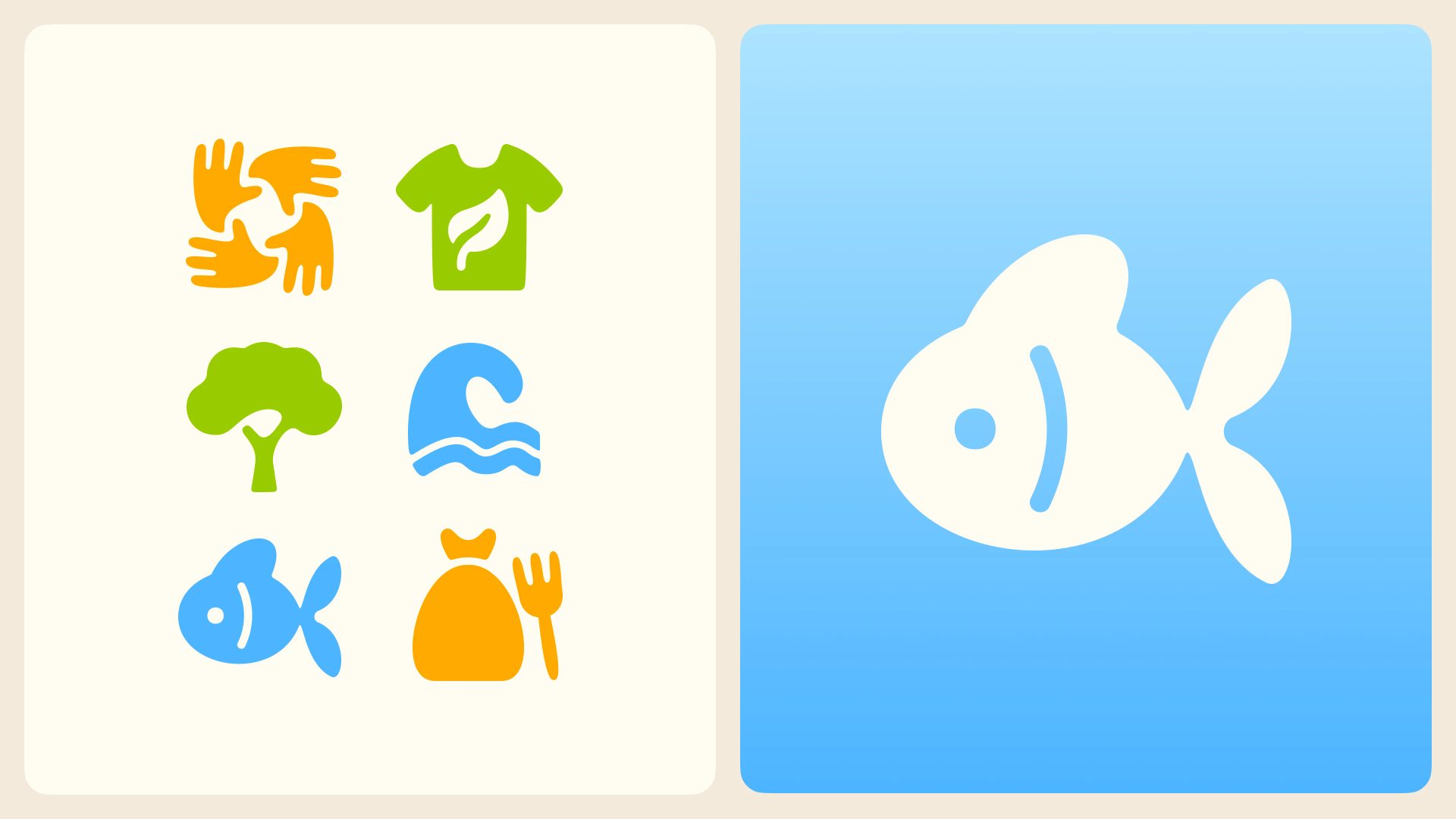 Icon grid of orange hands and waste, green shirt and tree, and blue wave and fish beside a white fish on blue.