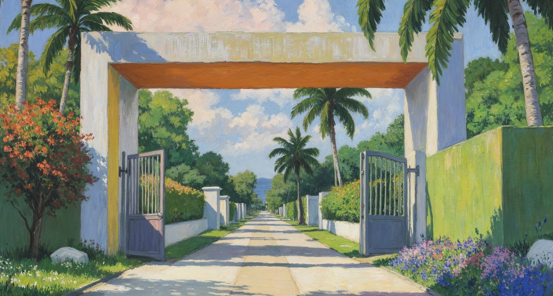 Painted entrance signage with open blue gates, a white arch, palm trees, flowers and a road leading through greenery.