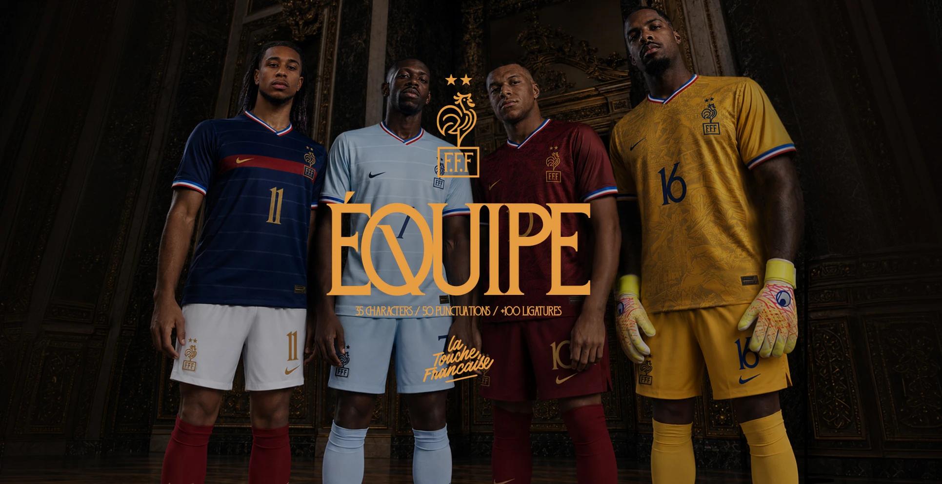 Four footballers in navy, pale blue, burgundy and gold France kits stand behind the gold FFF crest and EQUIPE text.