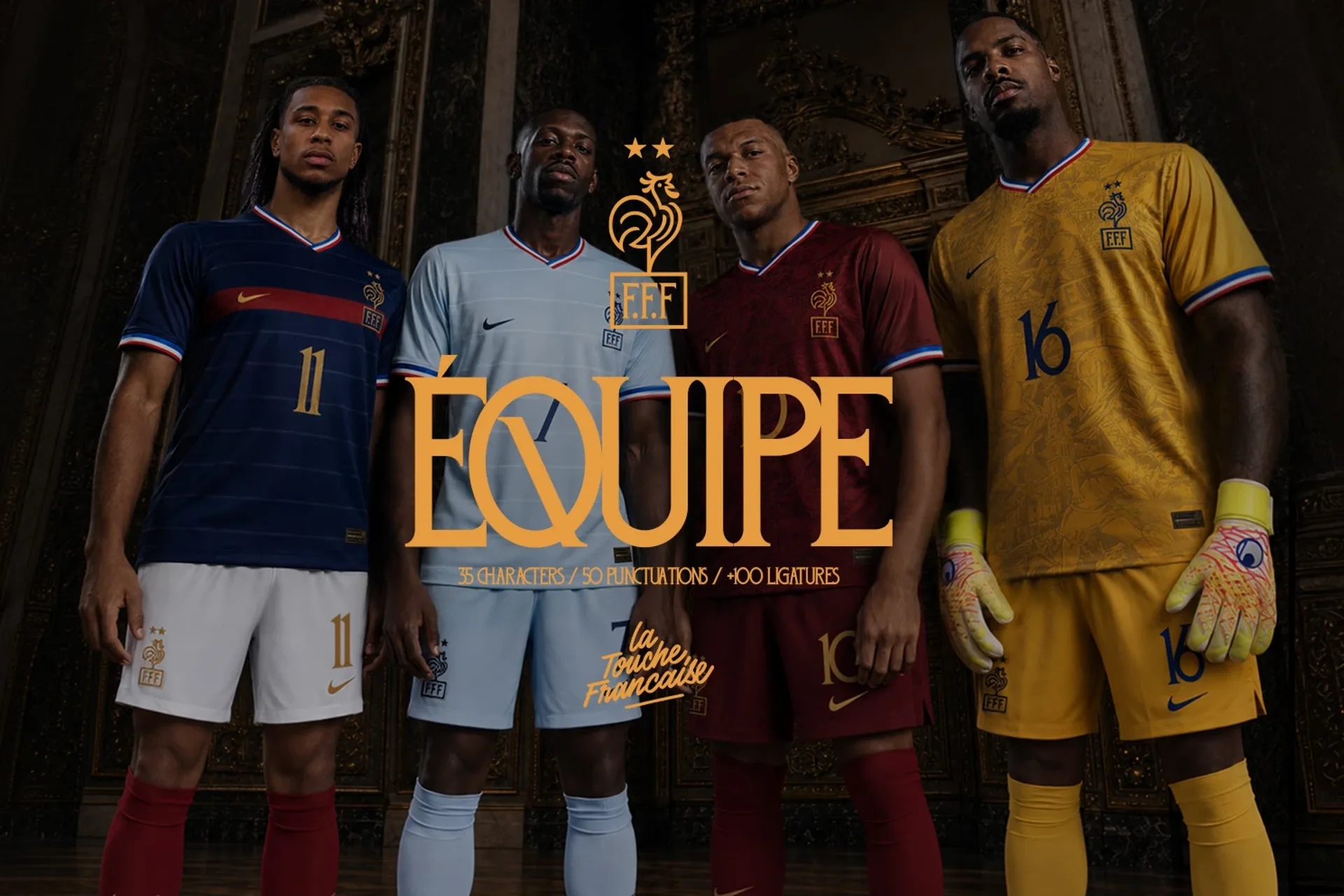 Four footballers in navy, pale blue, burgundy and gold France kits stand behind the gold FFF crest and EQUIPE text.