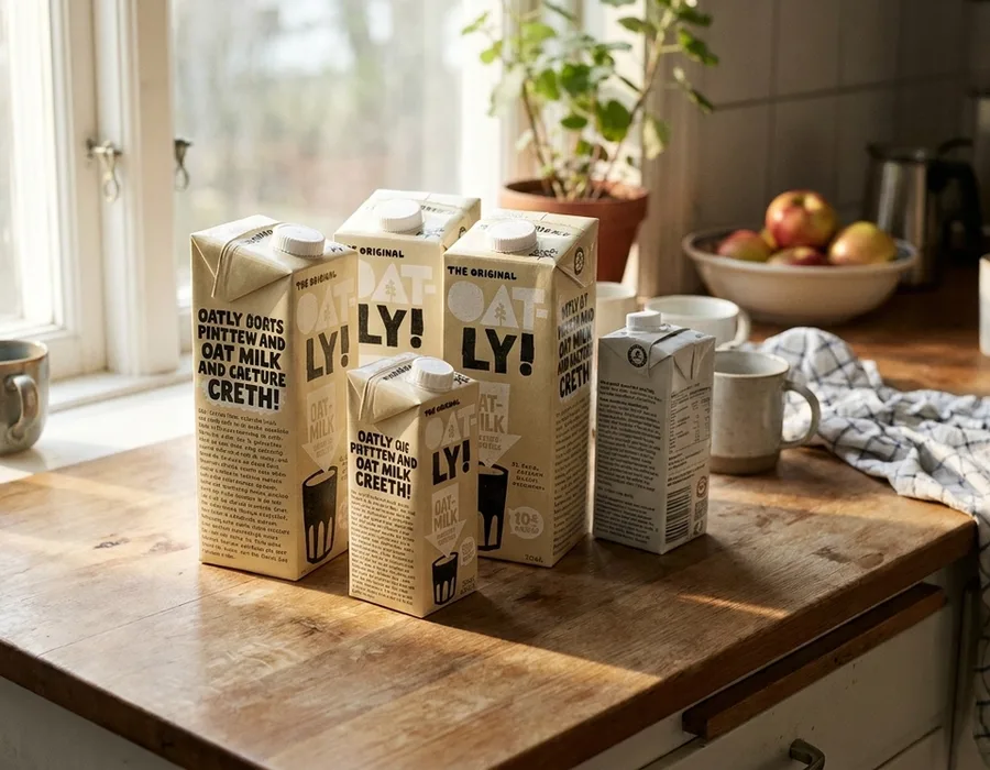 Oatly oat milk cartons with signature hand-drawn, typographically chaotic cream packaging arranged on a kitchen counter in morning light