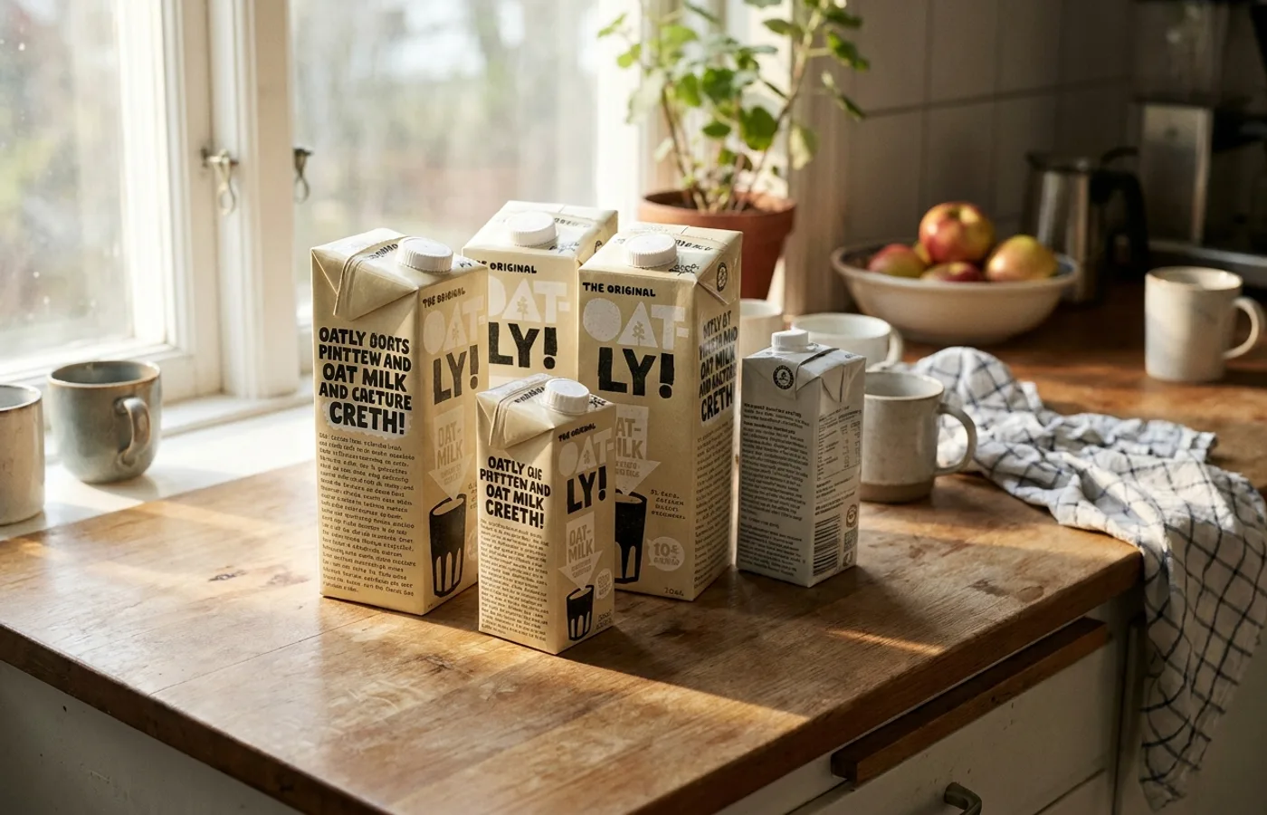 Oatly oat milk cartons with signature hand-drawn, typographically chaotic cream packaging arranged on a kitchen counter in morning light