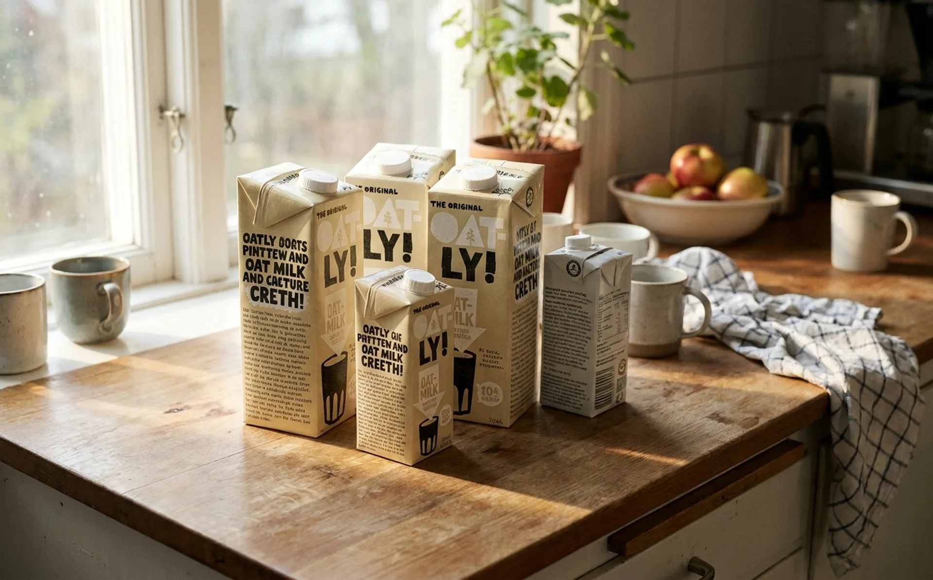 Oatly oat milk cartons with signature hand-drawn, typographically chaotic cream packaging arranged on a kitchen counter in morning light