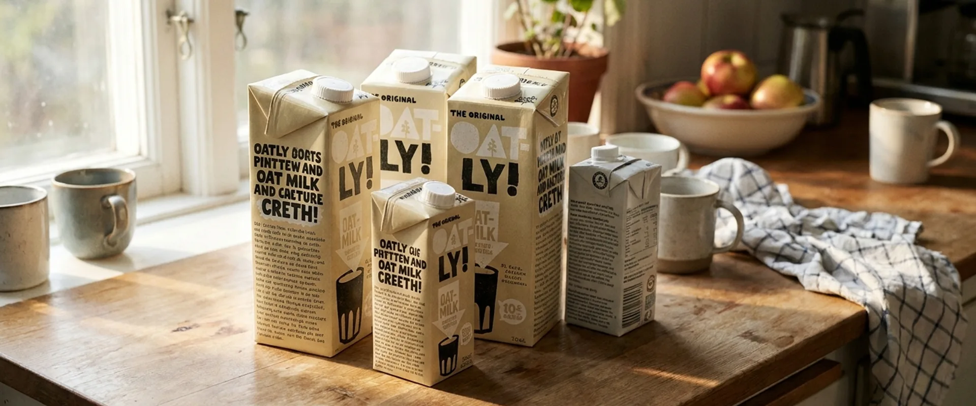 Oatly oat milk cartons with signature hand-drawn, typographically chaotic cream packaging arranged on a kitchen counter in morning light