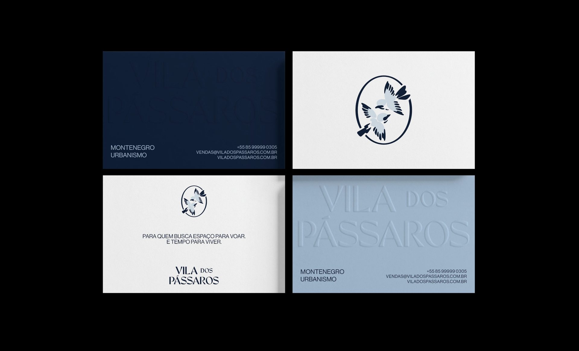 Four stationery designs in navy, white and pale blue feature a bird emblem and the text “VILA DOS PÁSSAROS” in a grid.