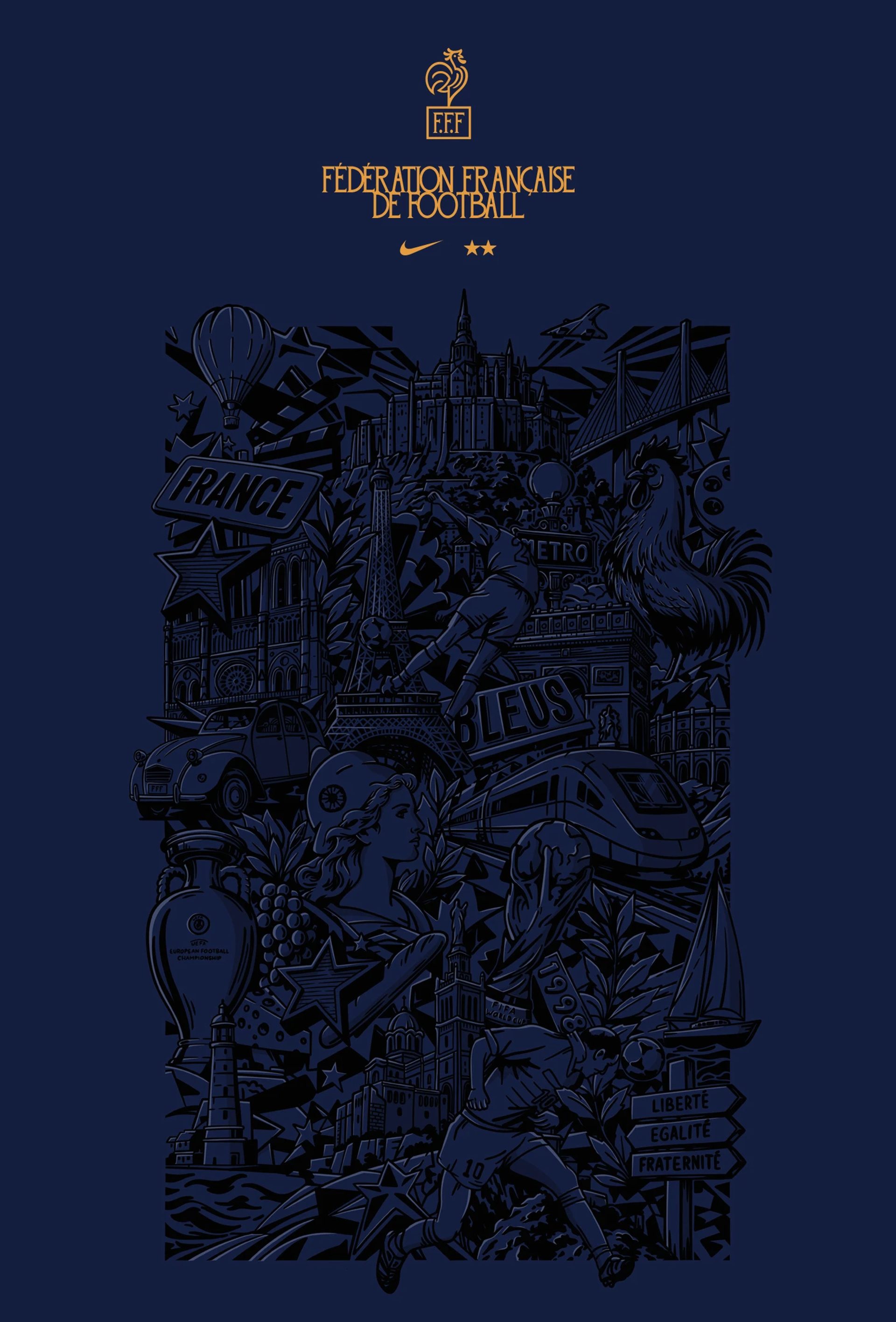 Navy poster with gold F.F.F and FÉDÉRATION FRANÇAISE DE FOOTBALL above a collage of French landmarks and footballers.