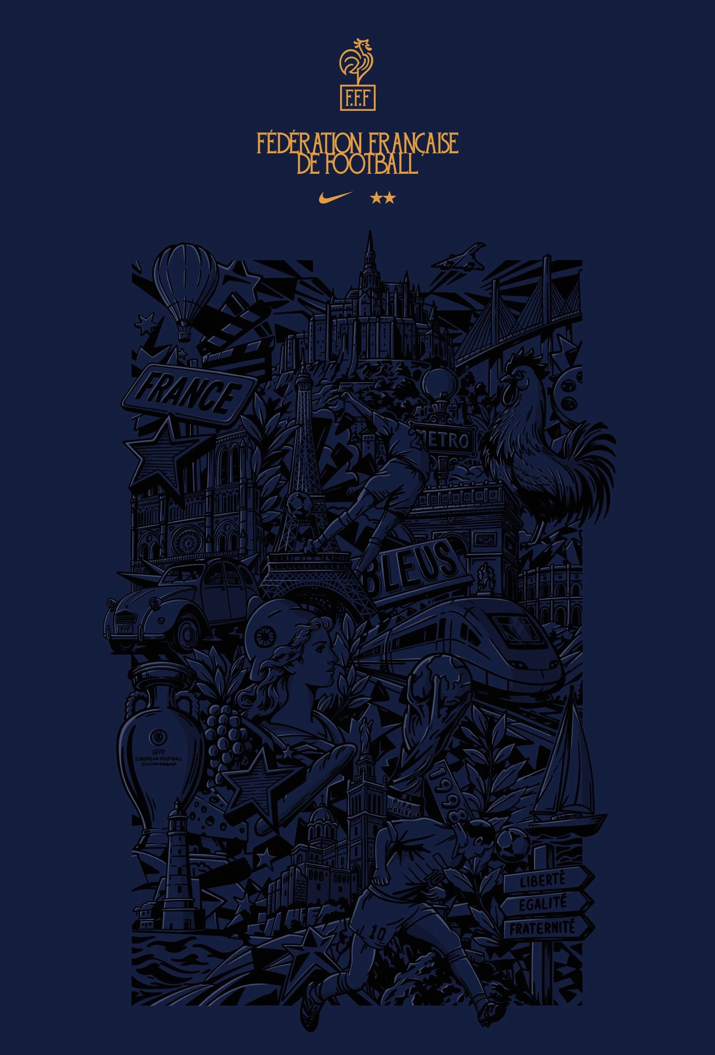 Navy poster with gold F.F.F and FÉDÉRATION FRANÇAISE DE FOOTBALL above a collage of French landmarks and footballers.