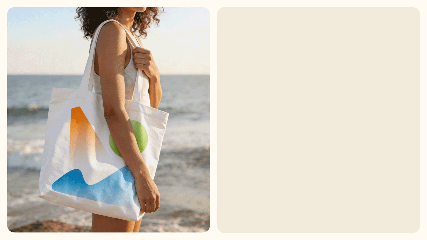 Woman carries a white tote bag with orange, green and blue abstract shapes beside the sea, paired with a blank beige panel.