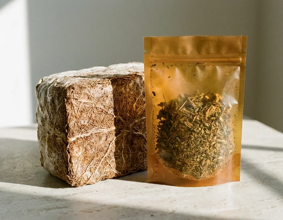 Textured bio-material samples — seaweed, mycelium, and mushroom-derived packaging composites photographed in natural light