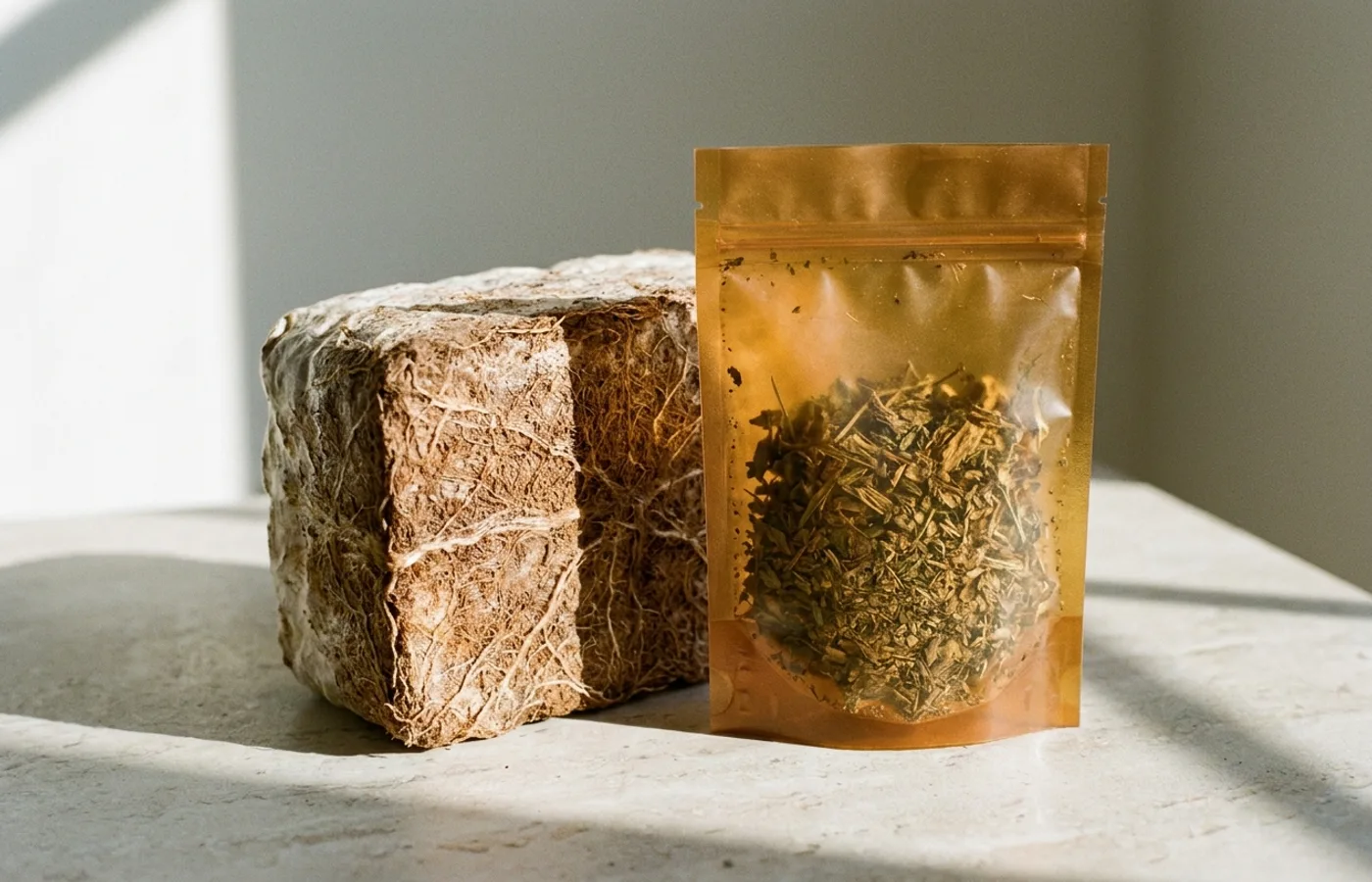 Textured bio-material samples — seaweed, mycelium, and mushroom-derived packaging composites photographed in natural light