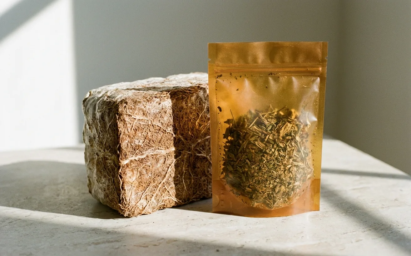 Textured bio-material samples — seaweed, mycelium, and mushroom-derived packaging composites photographed in natural light