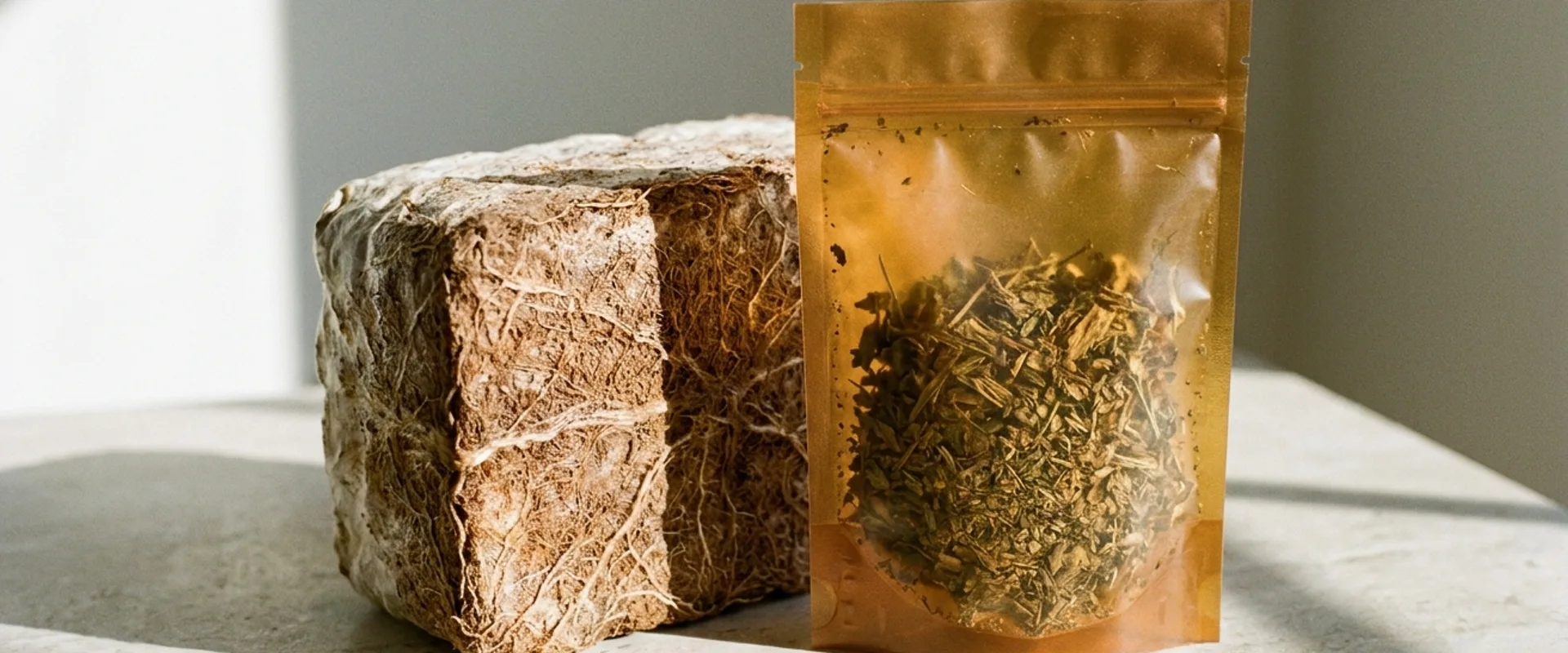 Textured bio-material samples — seaweed, mycelium, and mushroom-derived packaging composites photographed in natural light