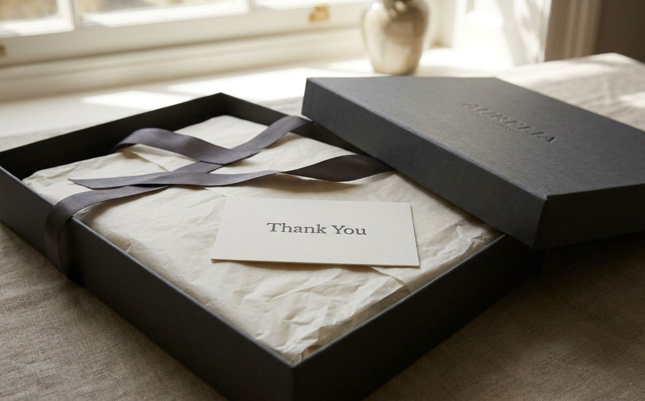 A luxury unboxing moment — a rigid box opened to reveal tissue paper, ribbon, embossed details and a letterpress card on a marble surface